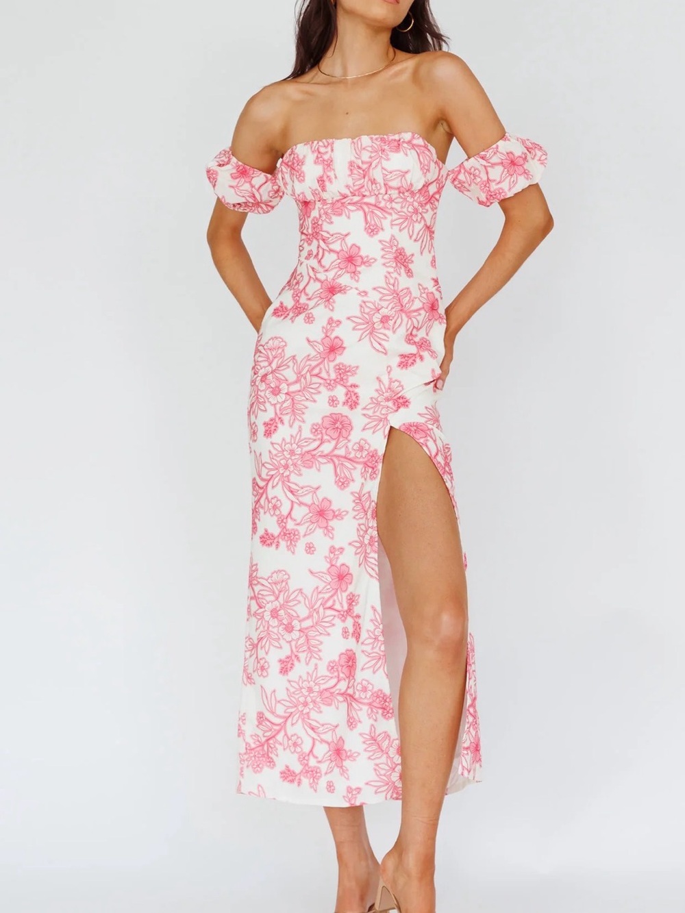 Here Comes the Sun Pink Floral Midi Dress Size M Puff Sleeve